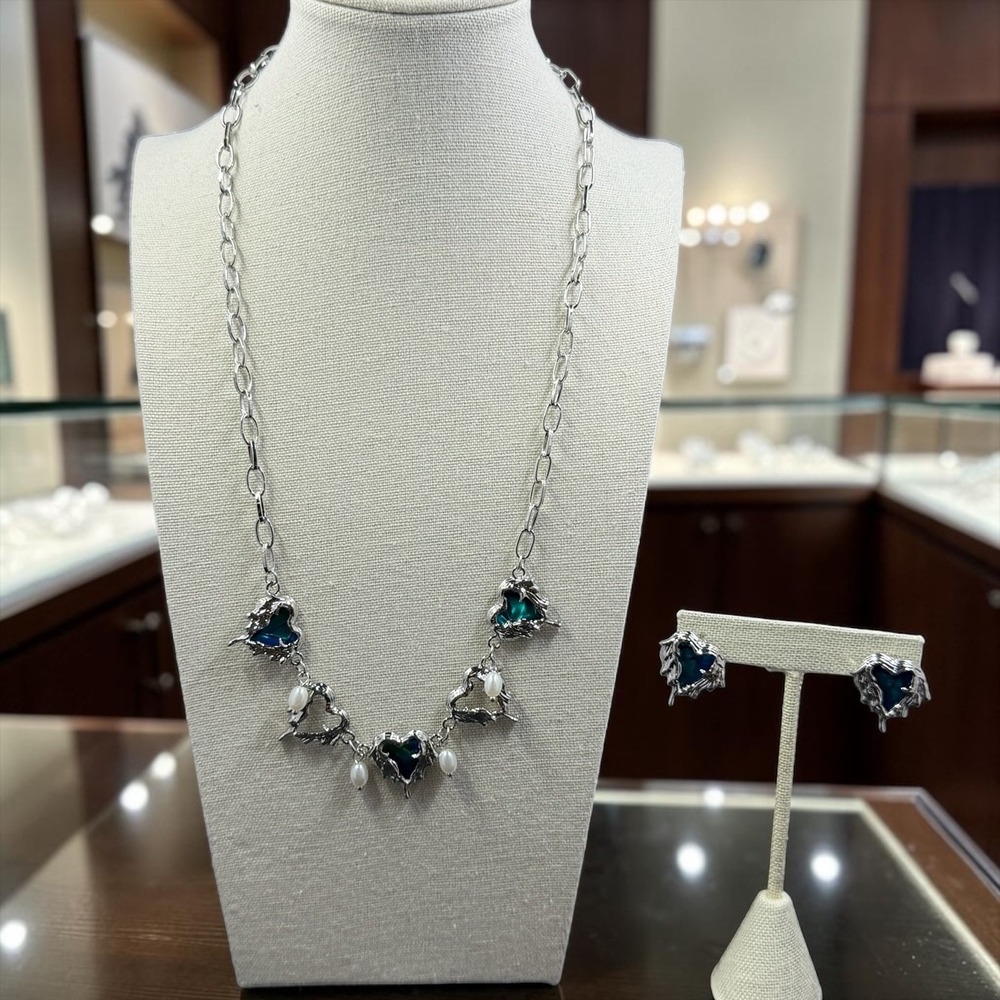 Fashion Jewelry Necklace Earrings Set 24" Heart Blue Green Silver Tone NWOT Gift